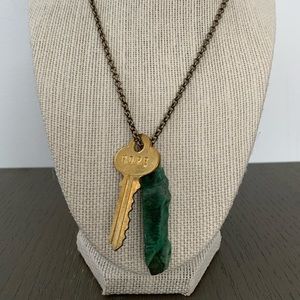 Engraved HOPE brass necklace w/green crystal